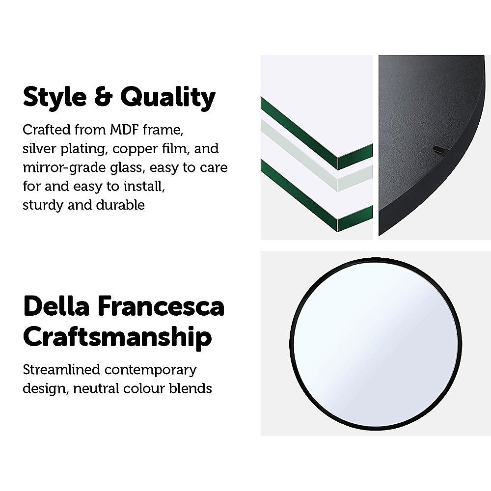 90cm Round Wall Mirror by Della Francesca with a sleek black frame, showcasing its contemporary design and clarity.