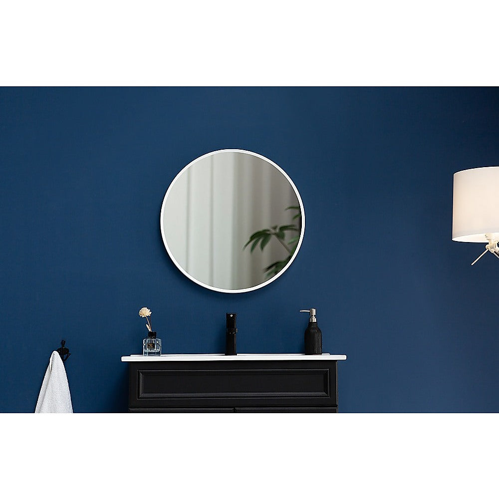 90cm round wall mirror with a minimalist white frame, showcasing incredible clarity and contemporary design, perfect for any room.