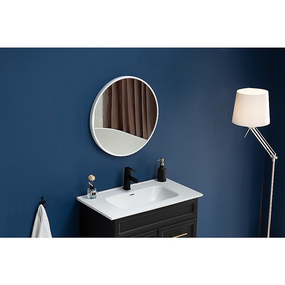 90cm round wall mirror with a minimalist white frame, showcasing incredible clarity and contemporary design, perfect for any room.