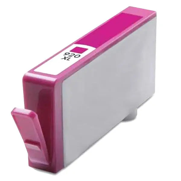 A vibrant magenta inkjet cartridge labeled #920 XL, showcasing its remanufactured design and new chip for enhanced printing performance.