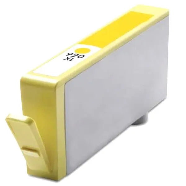 A #920XL Yellow Remanufactured Inkjet Cartridge with a new chip, showcasing its premium quality and eco-friendly design.