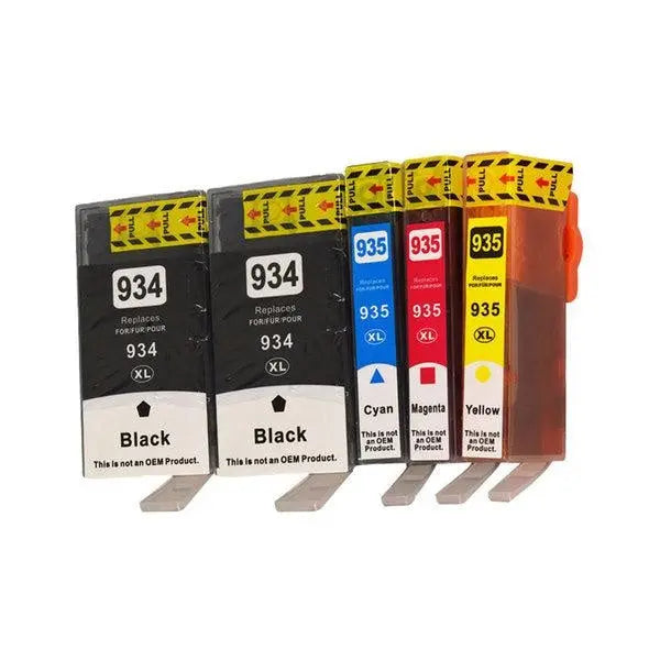 934XL Series Compatible Inkjet Cartridge Set featuring two black cartridges and three color cartridges for vibrant printing.