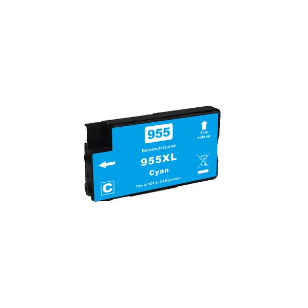 955XL Cyan Premium Remanufactured Inkjet Cartridge with vibrant cyan color and eco-friendly design.