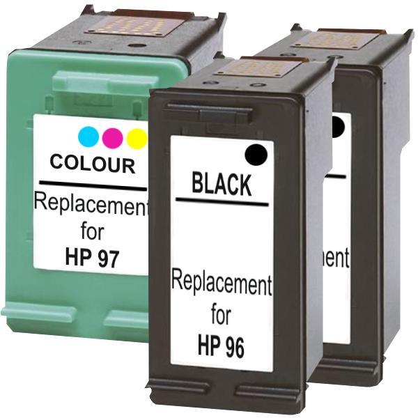 A set of three inkjet cartridges including two black HP96 cartridges and one color HP97 cartridge, designed for high-quality printing.