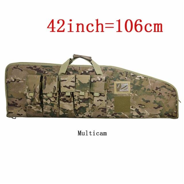 Tactical Rifle Case in three sizes, showcasing durable nylon material and multiple magazine pouches.