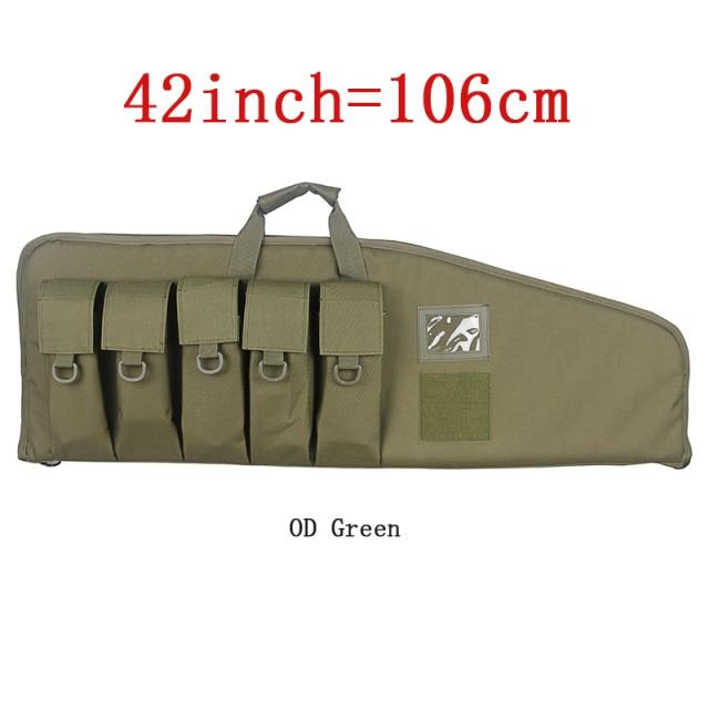 Tactical Rifle Case in three sizes, showcasing durable nylon material and multiple magazine pouches.