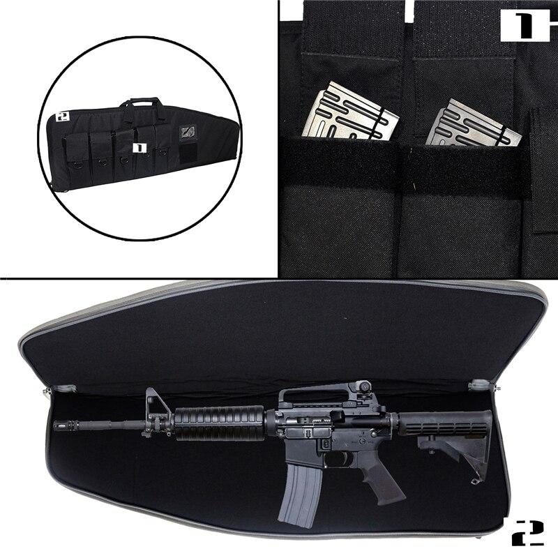 Tactical Rifle Case in three sizes, showcasing durable nylon material and multiple magazine pouches.