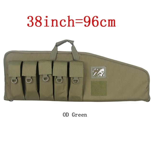 Tactical Rifle Case in three sizes, showcasing durable nylon material and multiple magazine pouches.