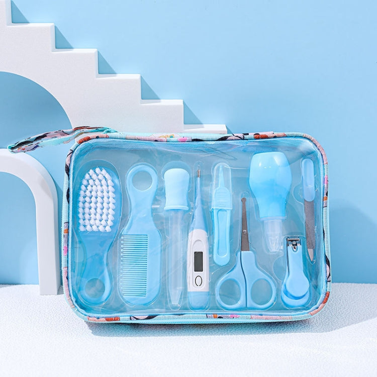 9-piece blue children cleaning care set including nail clippers, scissors, comb, brush, thermometer, and more, designed for safe baby grooming.