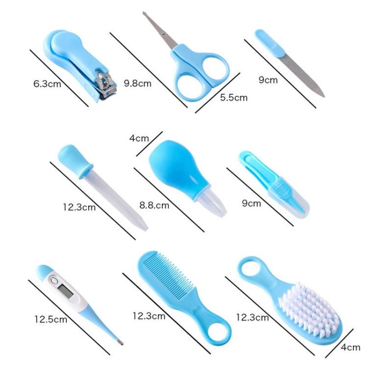 9-piece blue children cleaning care set including nail clippers, scissors, comb, brush, thermometer, and more, designed for safe baby grooming.