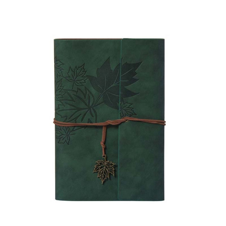 A5 PU Maple Retro Straps Handbook in army green with a personalized strap and maple leaf pendant, showcasing its stylish design and loose-leaf functionality.