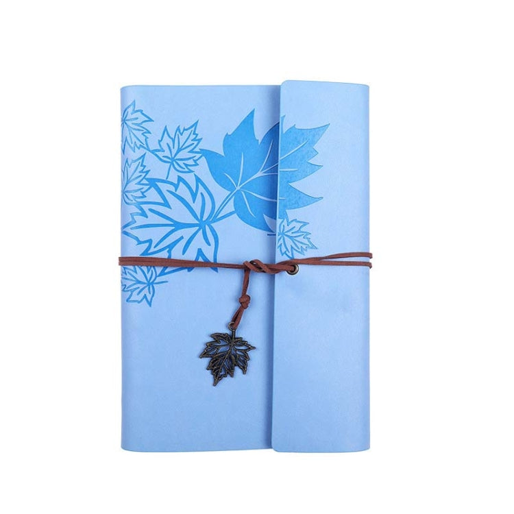 A5 PU Maple Retro Straps Handbook Loose-leaf Notebook in light blue with a copper maple leaf pendant and stylish strap.