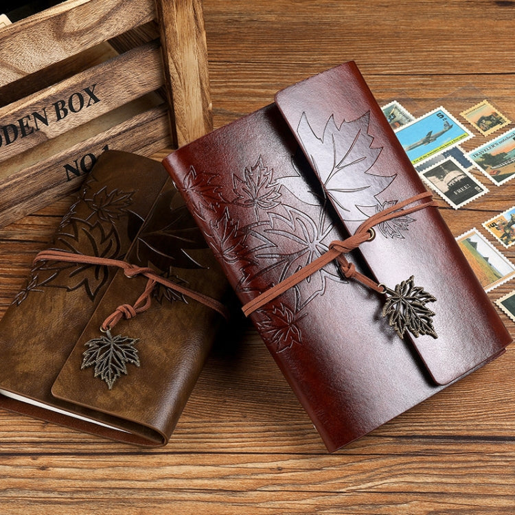 A5 PU Maple Retro Straps Handbook Loose-leaf Notebook in light blue with a copper maple leaf pendant and stylish strap.