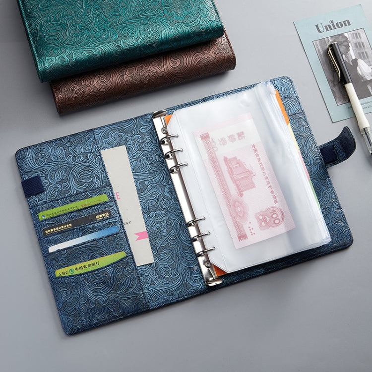 A5 YMX-007 PU Leather Budget Binder Notebook with embossed design and zipper pockets, showcasing its elegant and functional features.