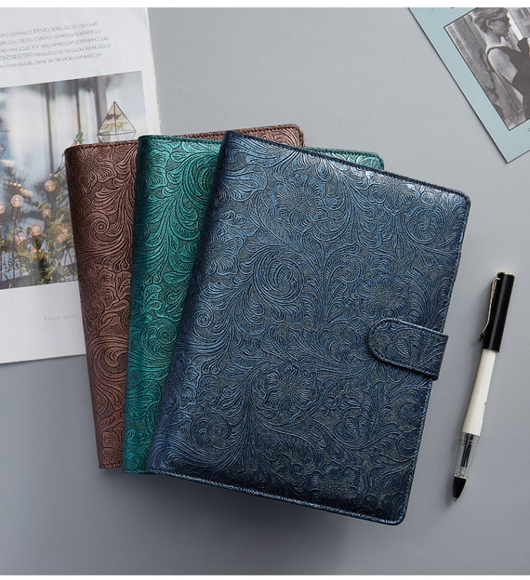 A5 YMX-007 PU Leather Budget Binder Notebook with embossed design and zipper pockets, showcasing its elegant and functional features.