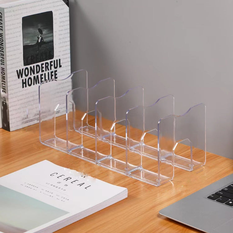 Acrylic Desktop Bookend Book Storage Rack showcasing a stylish and organized desktop with books and stationery neatly arranged.