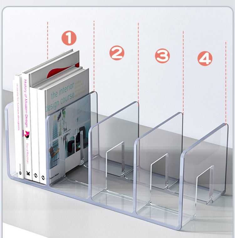 Acrylic Desktop Bookend Book Storage Rack showcasing a stylish and organized desktop with books and stationery neatly arranged.