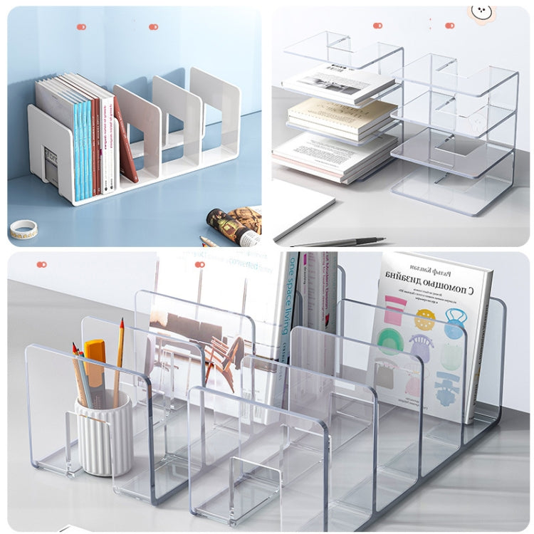 Acrylic Desktop Bookend Book Storage Rack showcasing a stylish and organized desktop with books and stationery neatly arranged.