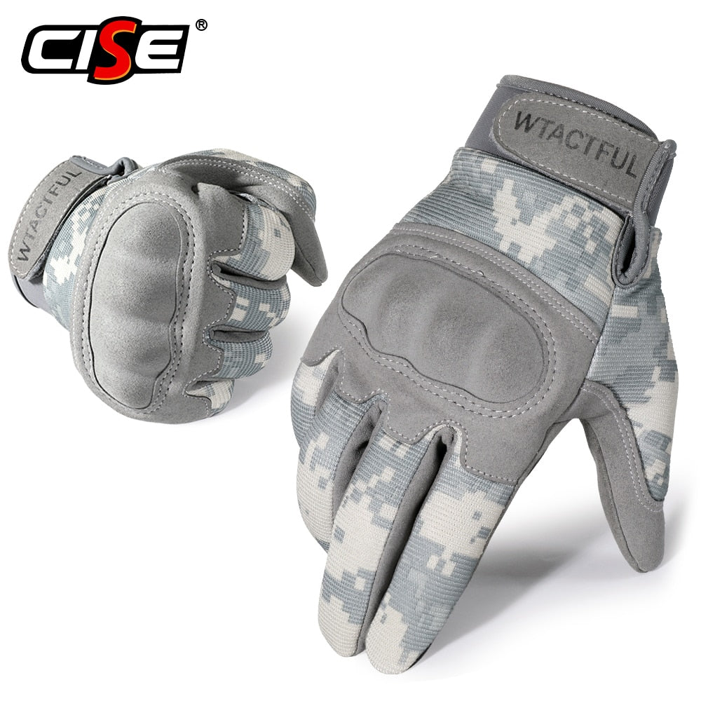 ACU Camouflage Touch Screen Motorcycle Gloves with hard knuckle protection, designed for men and women, suitable for various riding styles.