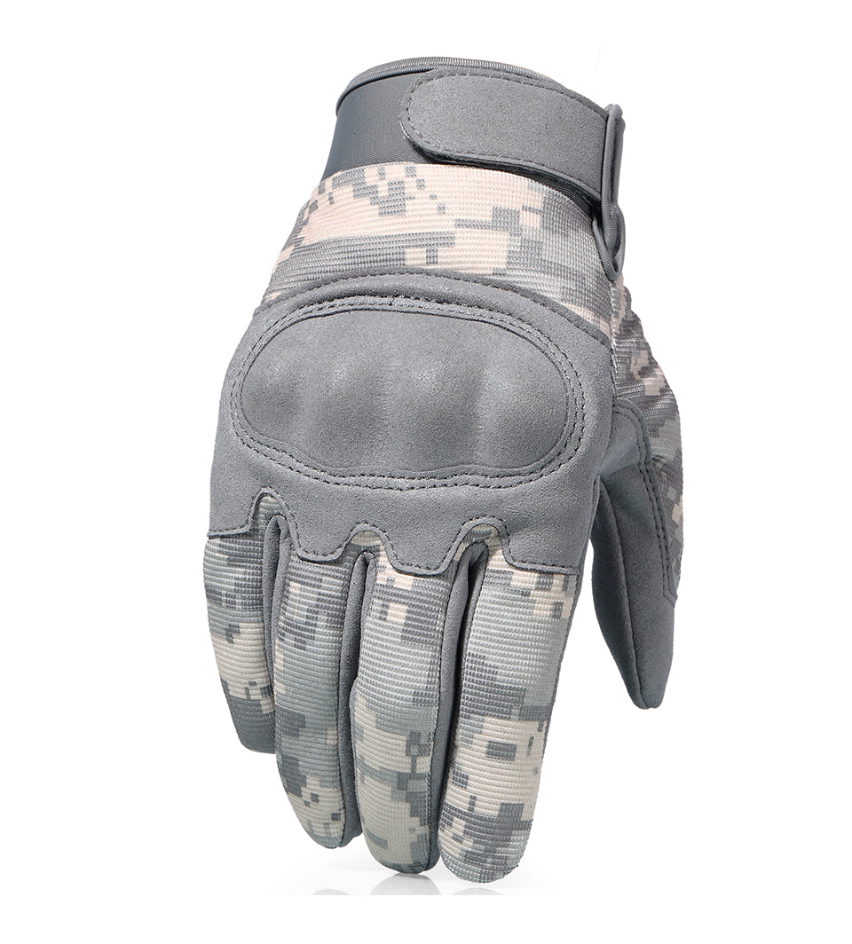 ACU Camouflage Touch Screen Motorcycle Gloves with hard knuckle protection, designed for men and women, suitable for various riding styles.