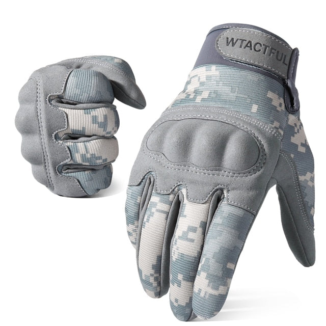 ACU Camouflage Touch Screen Motorcycle Gloves with hard knuckle protection, designed for men and women, suitable for various riding styles.