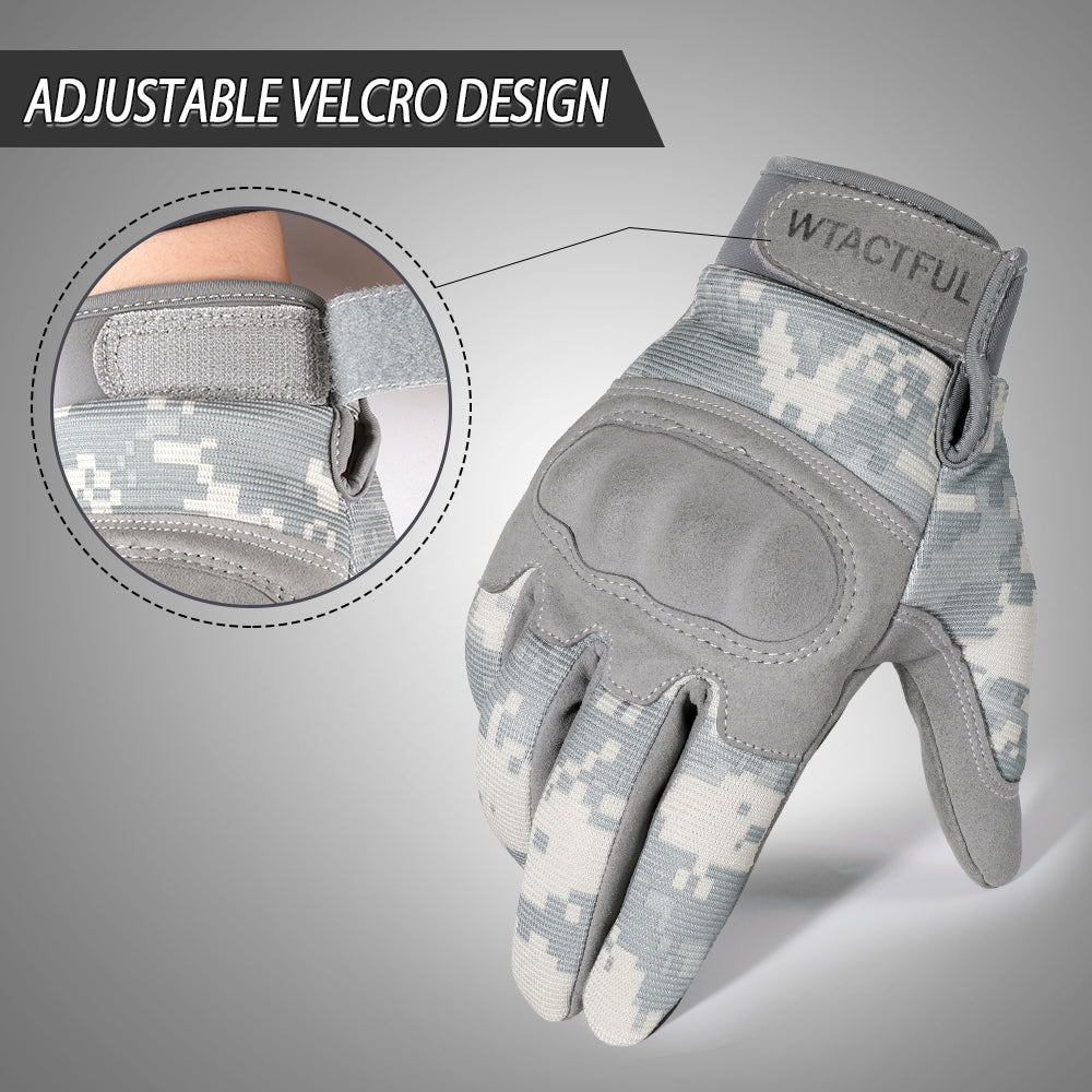 ACU Camouflage Touch Screen Motorcycle Gloves with hard knuckle protection, designed for men and women, suitable for various riding styles.