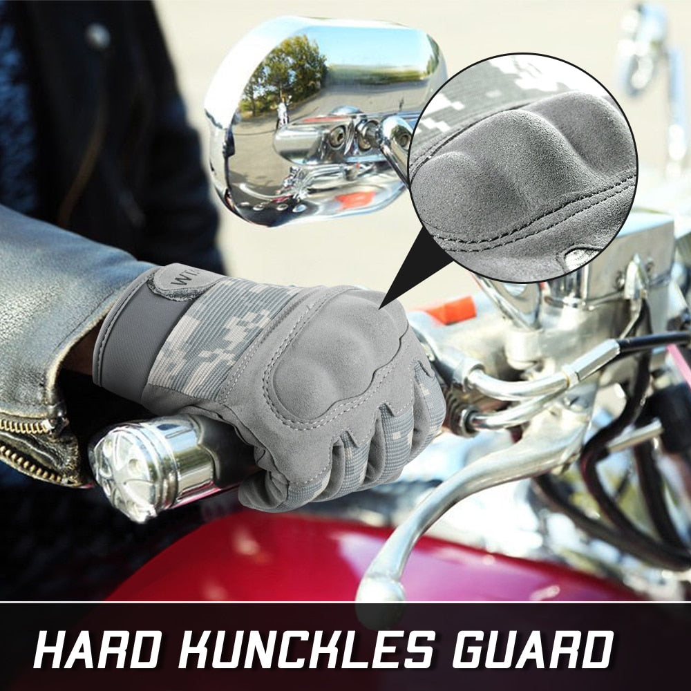 ACU Camouflage Touch Screen Motorcycle Gloves with hard knuckle protection, designed for men and women, suitable for various riding styles.