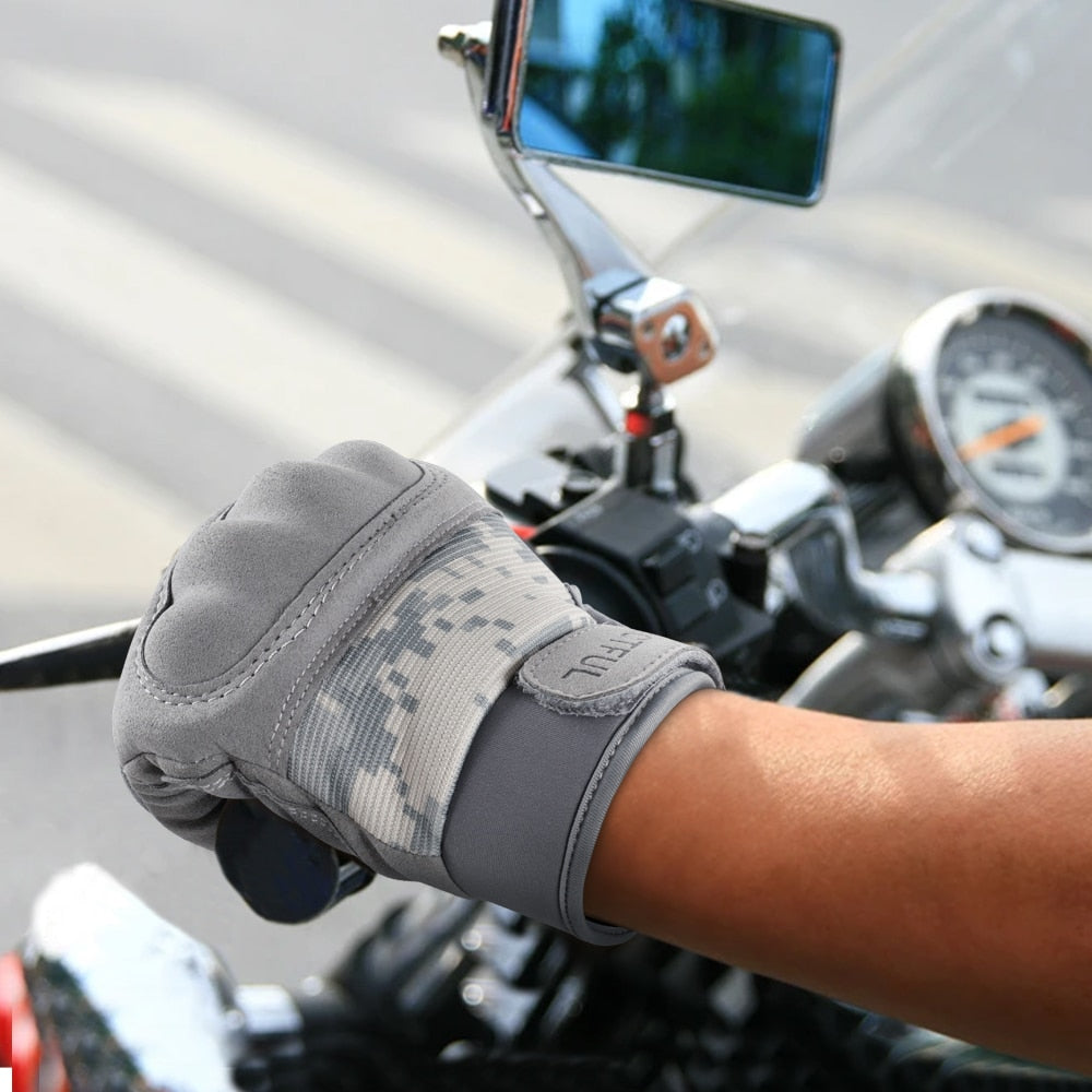 ACU Camouflage Touch Screen Motorcycle Gloves with hard knuckle protection, designed for men and women, suitable for various riding styles.