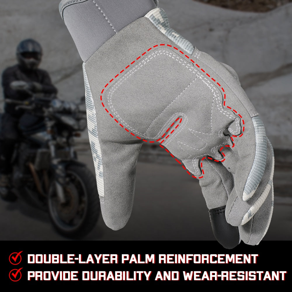 ACU Camouflage Touch Screen Motorcycle Gloves with hard knuckle protection, designed for men and women, suitable for various riding styles.