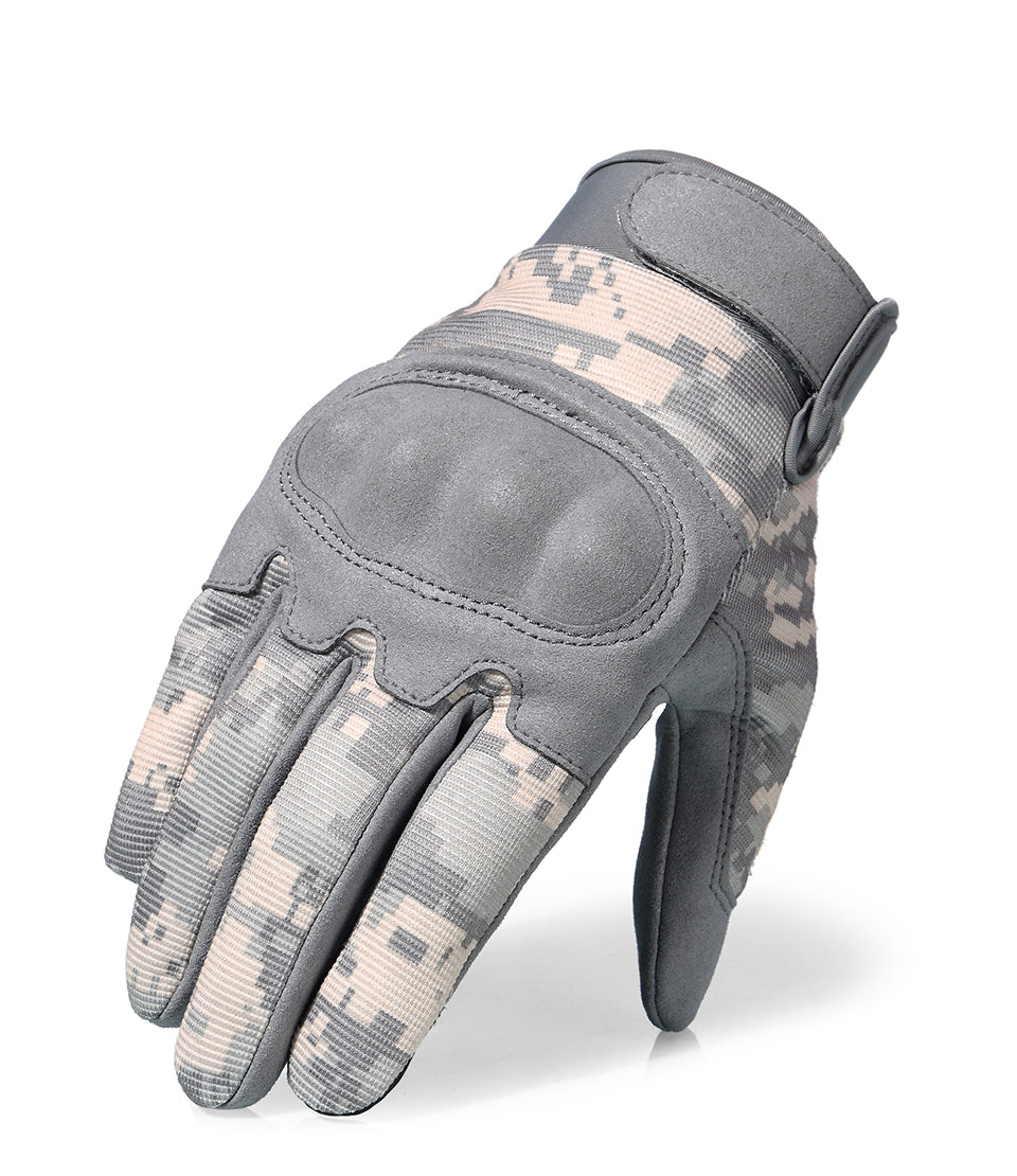 ACU Camouflage Touch Screen Motorcycle Gloves with hard knuckle protection, designed for men and women, suitable for various riding styles.