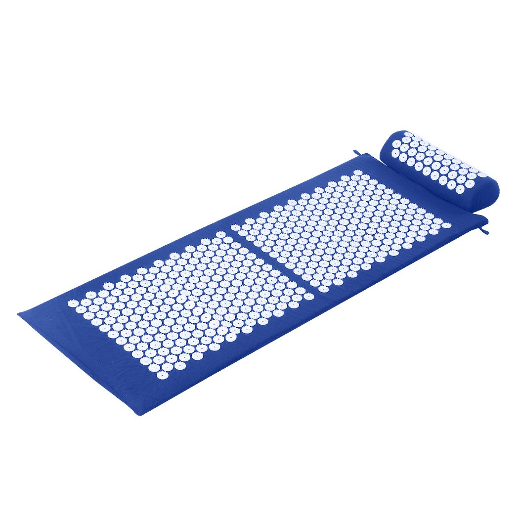 Blue acupressure mat and pillow.