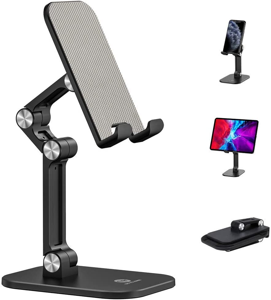 Adjustable Angled Cell Phone Stand for Desk, showcasing its sturdy design and adjustable features, compatible with various smartphones and tablets.