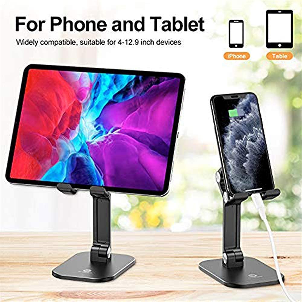 Adjustable Angled Cell Phone Stand for Desk, showcasing its sturdy design and adjustable features, compatible with various smartphones and tablets.