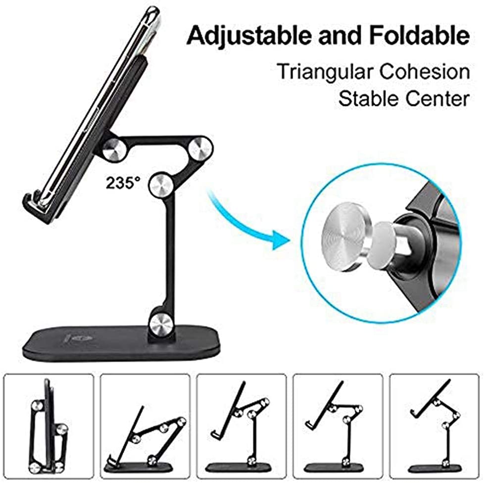 Adjustable Angled Cell Phone Stand for Desk, showcasing its sturdy design and adjustable features, compatible with various smartphones and tablets.