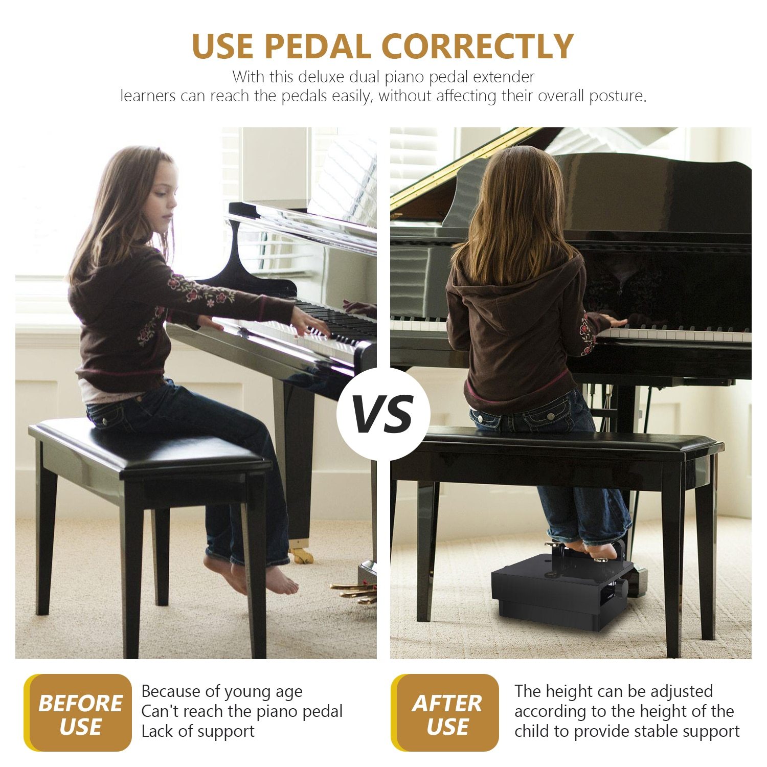 Adjustable Piano Pedal Extender Bench with two pedals, height adjustable from 5 to 7.5 inches, designed for comfort and stability.