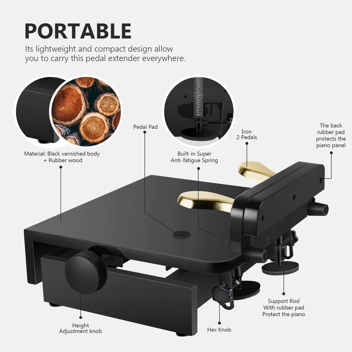 Adjustable Piano Pedal Extender Bench with two pedals, height adjustable from 5 to 7.5 inches, designed for comfort and stability.