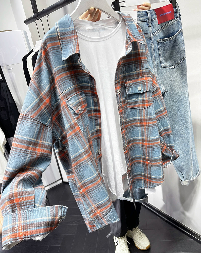 A stylish plaid shirt featuring a loose fit, designed for comfort and a youthful appearance, available in various colors.