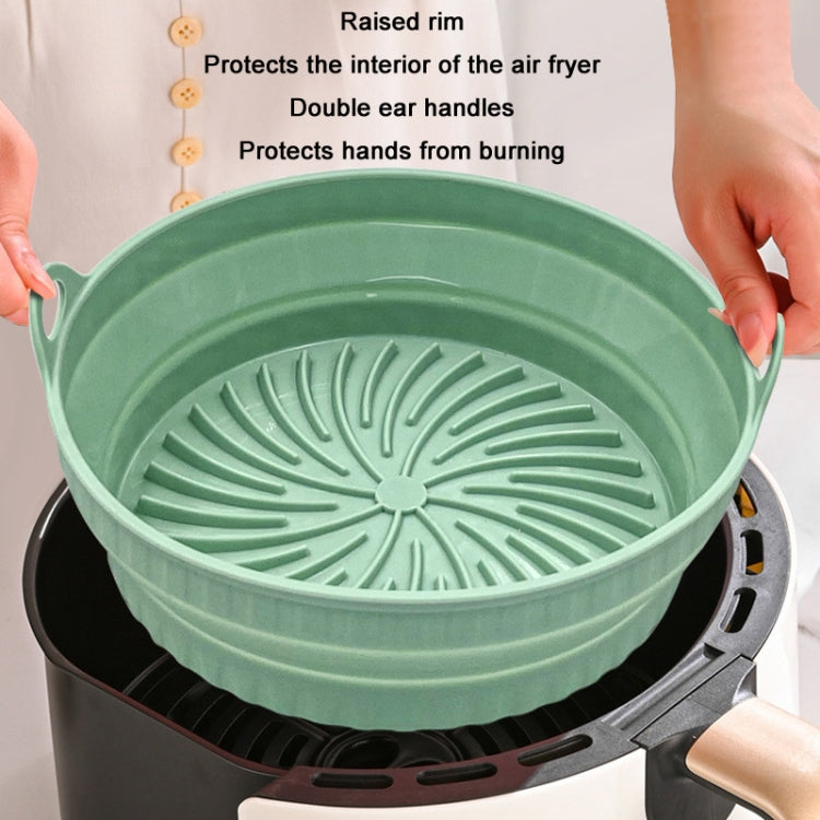 Air Fryer Grill Mat made of high temperature resistant silicone with a 3D drainage groove pattern, featuring raised rim and double ear carry handles.