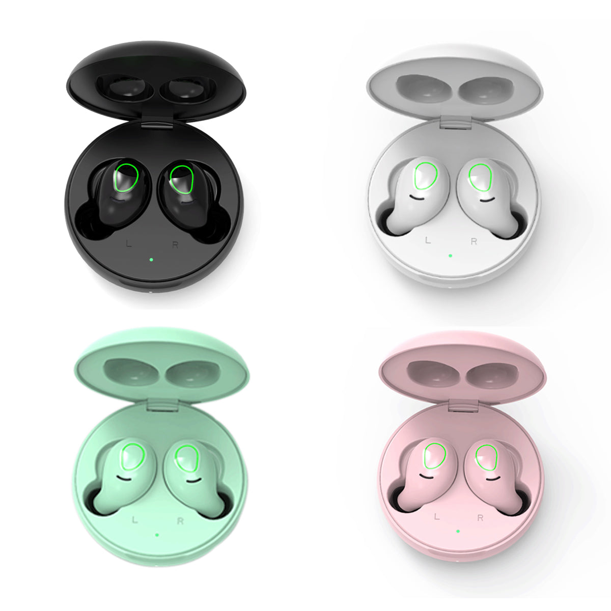 All Charged Up Bluetooth Earbuds with Wireless Charging Pad in metallic colors, showcasing their sleek design and wireless charging capability.