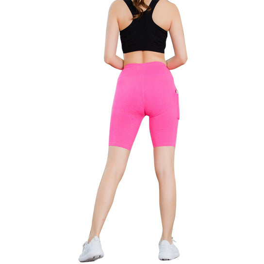 A pair of stretchable All Seasons Yoga Shorts in vibrant colors, featuring an elastic waistband and a convenient phone pocket.