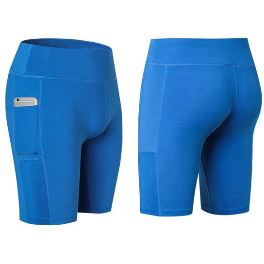 A pair of stretchable All Seasons Yoga Shorts in vibrant colors, featuring an elastic waistband and a convenient phone pocket.