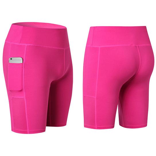 A pair of stretchable All Seasons Yoga Shorts in vibrant colors, featuring an elastic waistband and a convenient phone pocket.