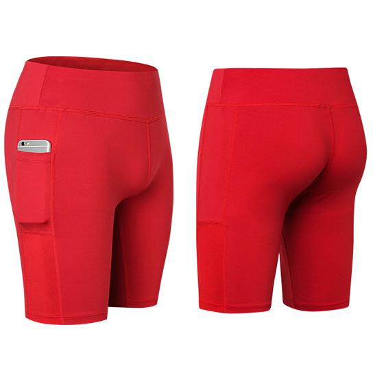 A pair of stretchable All Seasons Yoga Shorts in vibrant colors, featuring an elastic waistband and a convenient phone pocket.