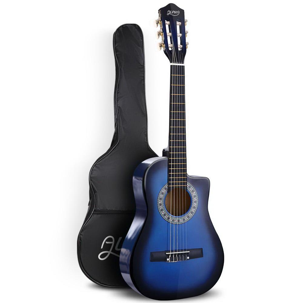 Alpha 34-inch Classical Acoustic Guitar in blue with a sleek finish, ideal for kids and beginners, displayed with accessories.