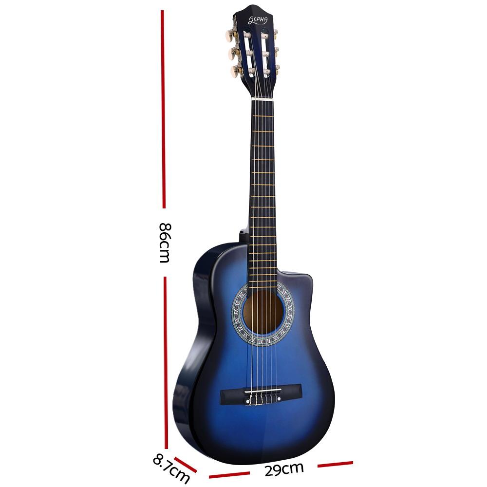 Alpha 34-inch Classical Acoustic Guitar in blue with a sleek finish, ideal for kids and beginners, displayed with accessories.