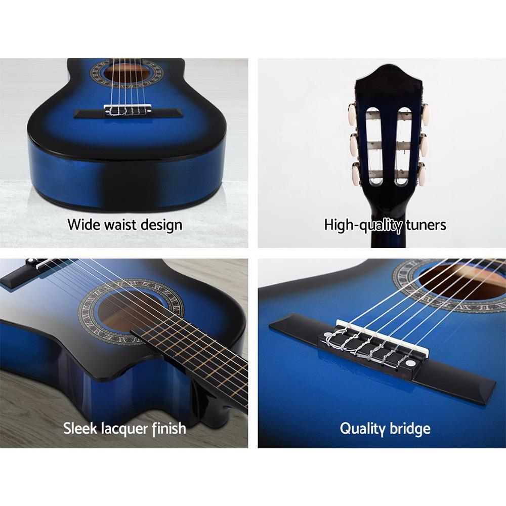 Alpha 34-inch Classical Acoustic Guitar in blue with a sleek finish, ideal for kids and beginners, displayed with accessories.