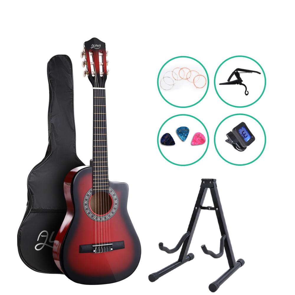 Alpha 34-inch Classical Acoustic Guitar in red with accessories including picks, tuner, capo, and carry bag.