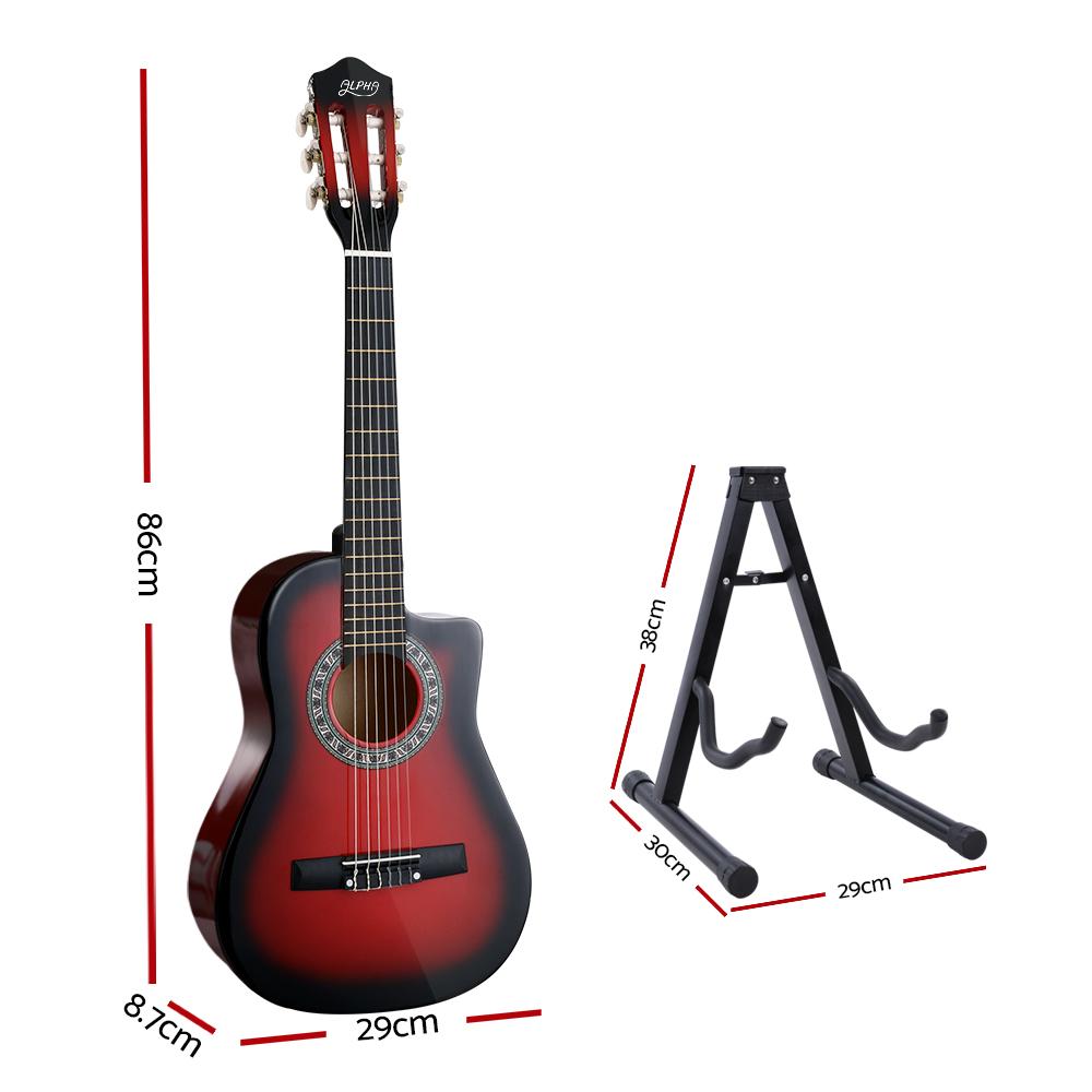 Alpha 34-inch Classical Acoustic Guitar in red with accessories including picks, tuner, capo, and carry bag.