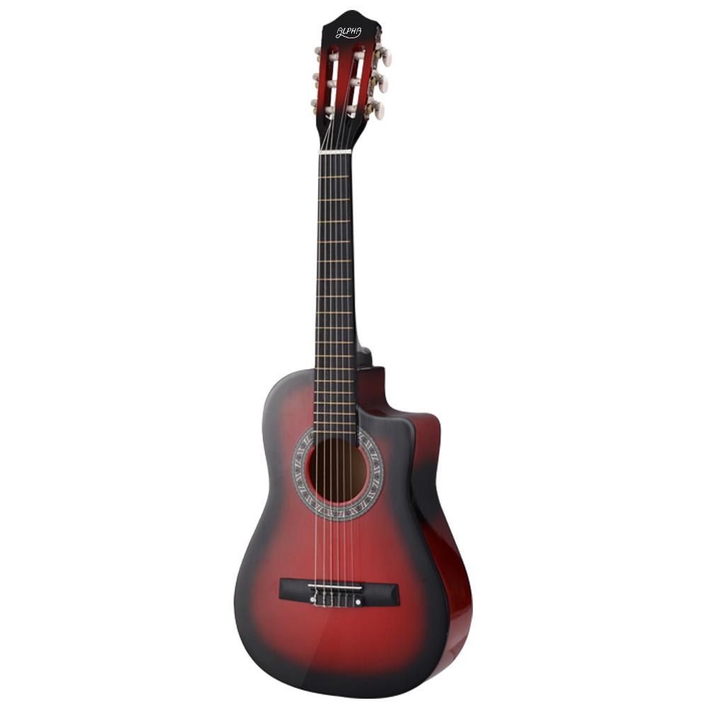 Alpha 34-inch Classical Acoustic Guitar in red with accessories including picks, tuner, capo, and carry bag.