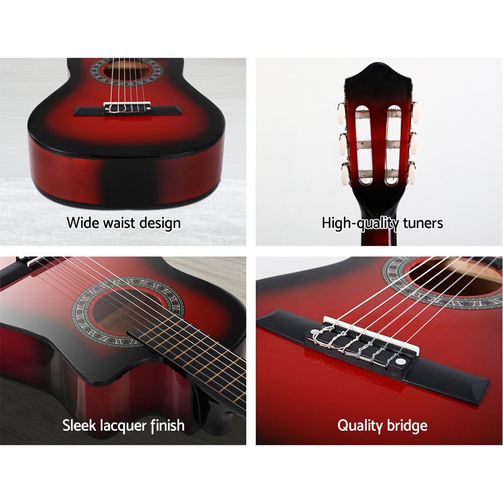 Alpha 34-inch Classical Acoustic Guitar in red with accessories including picks, tuner, capo, and carry bag.